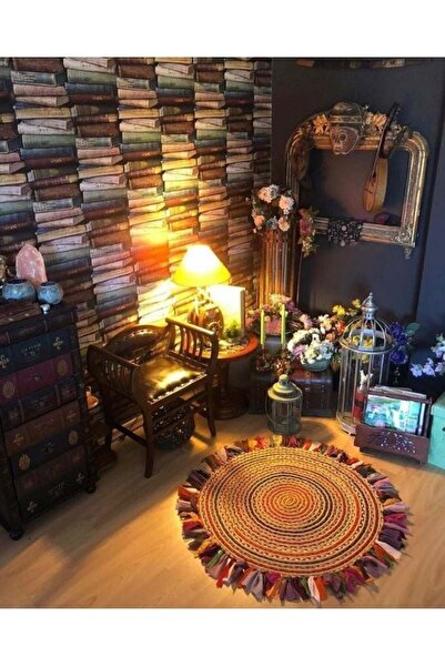Halımax Milda 13 Multi Püsküllü Jüt Kilim Hasırlı El Örgüsü Çift Taraflı Yuvarlak Jüt Halı