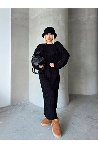 charme butik أسود طاقم الرقبة الشعر مضفر المرأة تريكو فستان ميدي