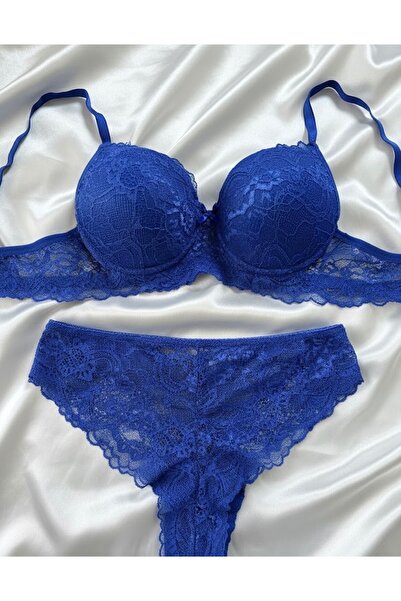 RUYAZ Set sutien căptușit din dantelă albastră Saks - lenjerie de corp elegan...