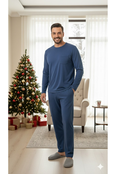 Lunaberry Σετ ανδρικής πιτζάμα Groom καρό με τύπωμα ,Μακρυμάνικο,Με τσέπες, ε...