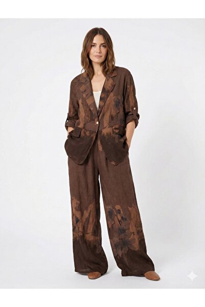 della moor بدلة نسائية من الكتان فضفاضة مع سترة بنمط زهور إيطالية بنية اللون