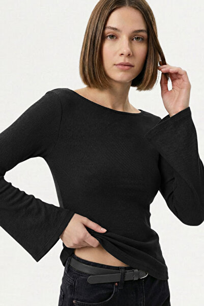 VODENS بلوزة تي شيرت أساسية بأكمام جرس سوداء مصنوعة من القطن بنسبة 100%