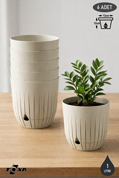 ToXA 6 Adet Çizgi Saksı Seti 1 Litre Plastik Delikli Tabaklı Çiçek Saksısı Set