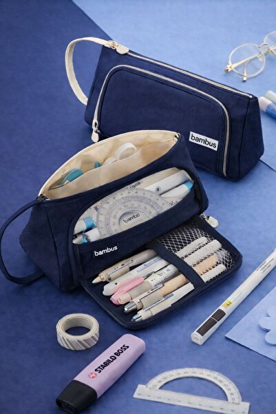 Bambus Üçgen Çok Bölmeli Büyük Kapasiteli Kumaş Kalem Kutusu Kalemlik Makyaj ...