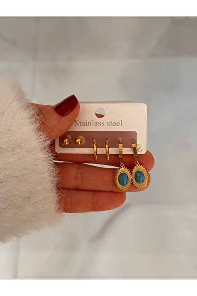 HERCY طقم أقراط فولاذية مرصعة بالخرز الفيروزي |   مجموعة من 6 أقراط فولاذية