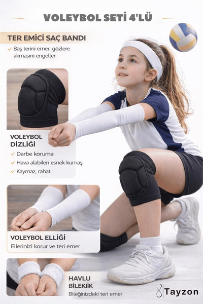 Tayzon Voleybol Seti - Voleybol Dizliği Sünger Destekli Voleybol Kolluğu Havl...