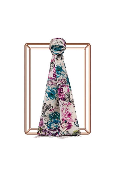 ipekevi İpekevi Gül Deryası Desenli İpek Şal 5932-Beyaz Mentol