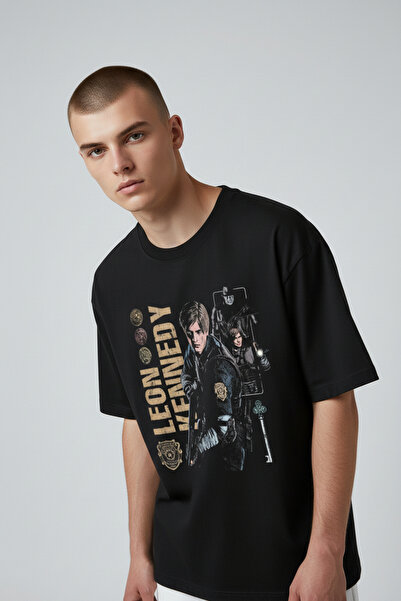 RF Studio Resident Evil Leon Kennedy Baskılı %100 Pamuk Unisex Oversize T-shirt Tişört