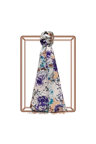 ipekevi İpekevi Gül Deryası Desenli İpek Şal 5932-Krem Violet