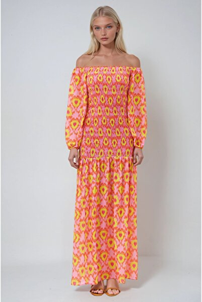 Genel Markalar Multi Madonna Yaka Gipe Detaylı Desenli Elbise 2746