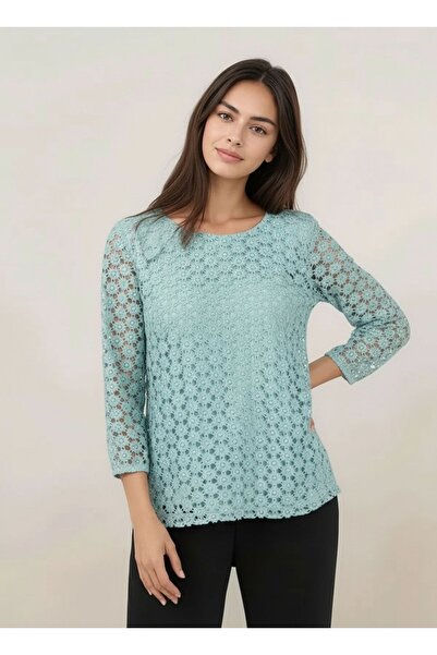 MAMAYAGA Women's Crew Neck Three Quarter Sleeve Floral Guipure Plus Size Curv...