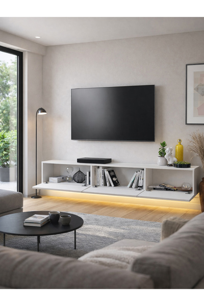 dorpek Led Li Işıklı Tv Ünitesi 180 Cm -beyaz, Modern, Şık, Geniş, Fonksiyonel Tasarım - Tv Sehpası | Cercei