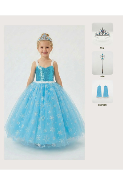 BUTİKHAPPYKİDS Frozen Elsa Kostümü Askılı Kız Çocuk Prenses Elbisesi Taç Asa ...