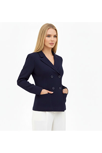 Volanlı Lacivert Kaşe Kruvaze Ceket