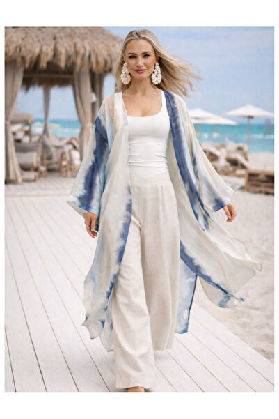 MODA Qymos Prive Batik Desenli Bambu Vual Yazlık  Plaj ve Günlük Şıklık Kimono Kaftan Pareo