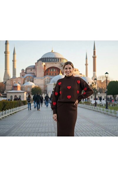 YusGos Kadın Kalp Desenli Kazaklı Elbise