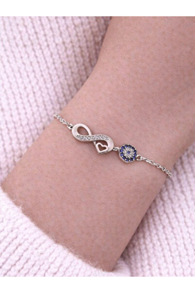Brezza Lusso Jewelry Gümüş Taşlı Sonsuzluk ve Göz Bileklik Kalpli Gümüş Kadın...