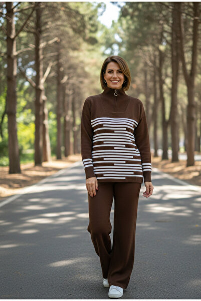 YusGos Women's Stripe Detailed Bottom Top Pants Sweater Knitwear Set