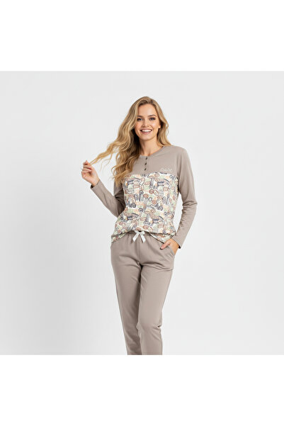 BONBON طقم بيجامة نسائي من القطن بلون بني فاتح AL501 V1