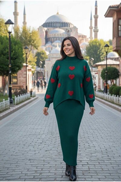 YusGos Kadın Kalp Desenli Kazaklı Elbise