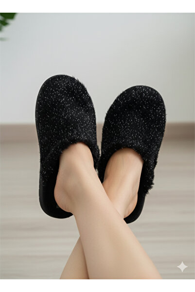 GEZER siyah gümüş havlu kumaş içeri kışlık terlik