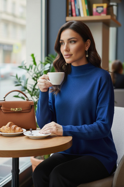 Lela سترة نسائية ذات ياقة عالية من القطن باللون الأزرق الداكن وظهر طويل 4615002