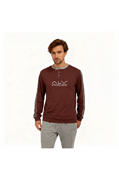 BONBON طقم بيجامة رجالي من القطن باللون البني منقوش AL003 V1