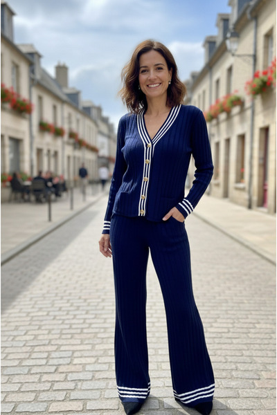 YusGos Women's Striped Knitwear Cardigan Pants College Bottom Top Set