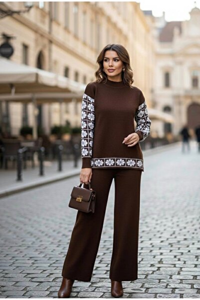 YusGos Women's Clover Patterned Top and Bottom Pants Sweater Knitwear Set