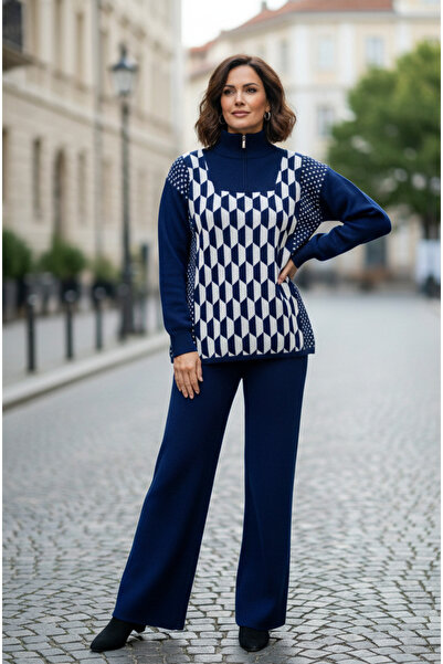 YusGos Women's Geometric Pattern Zipper Collar Bottom Top Pants Sweater Knitwear Set