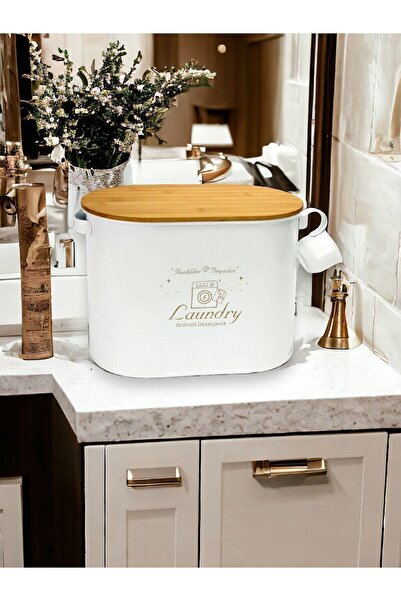 LeylArt صندوق تخزين معدني للمنظفات والقرصات بسعة 12 لتر مع غطاء من الخيزران - أبيض