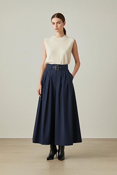 Loreen Women's Pleated Belted Skirt - 20702Etk - Navy