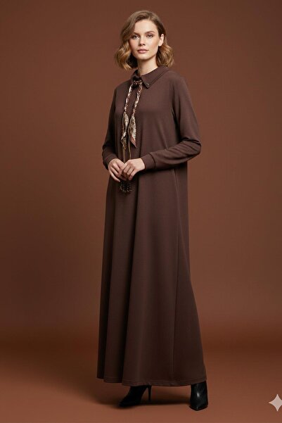 Puane Women's Scarf Detailed Polo Neck Relaxed Fit Long Dress – 12666Elb - Brown