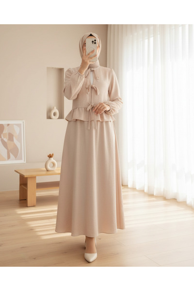 Modamorfo Σετ με δαντέλα μπροστά, λαστιχένια μανίκια και φούστα - Μπεζ