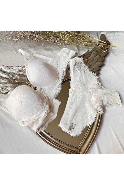 KARAZ Dantel Ucu Saçaklı Dolgusuz Sütyen Takım - Ekru-80-B
