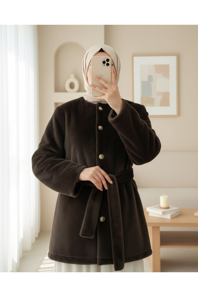 Modamorfo Buttoned Belted Fur Coat -K. Brown