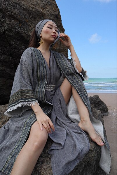 Su Koleksiyon Tarsus Kilim Bordürlü Bohem Tasarım Kaftan Siyah / Etnik Kimono