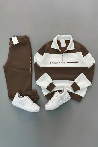 MARECASH KAHVE BEYAZ POLO YAKA  KALIN CİZGİLİ YARIM FERMUARLI BALANCE BASKILI EŞOFMAN TAKIMI 3 İPLİK