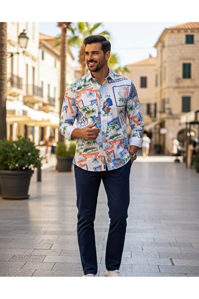 YusGos Long Sleeve Cotton Easy Iron Patterned Regular Fit Premium Men's Shirt White 2XL