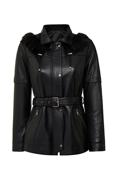 Derimod Hillary Women Black Collar Fur Hooded Leather Coat 25Wge56051M
