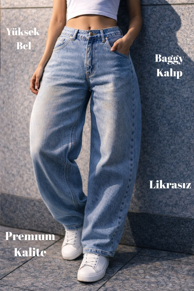 CEDY DENIM Kadın Açık Mavi Skater Baggy Yüksek Bel Cotton Jean Pantolon C615-...