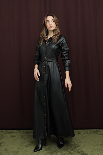 Loreen فستان جلد بحزام للنساء - 20709ELB - أسود