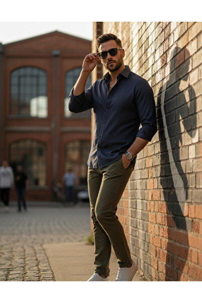 YusGos قميص رجالي بأكمام طويلة من القطن بنمط نقطي متموج وقصة عادية