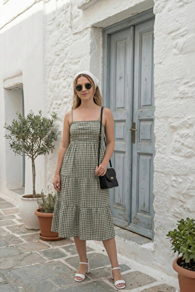 PASTELASTORE Strappy Karirani dezen Sa deznom Letnja Midi visina Ženska halji...