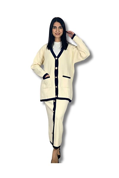 YusGos Women's Striped Detail Gold Buttoned Oversized Cardigan Skirt Set