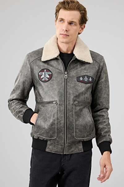 Derimod Hurricane Men's Gray Embroidered Collar Fur Leather Pilot Coat 24Wgd6543G6