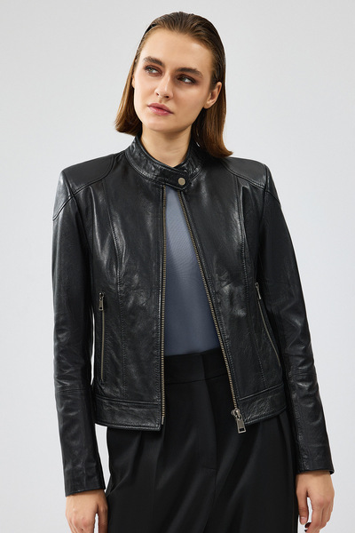 Derimod Prima Women's Black Short Leather Jacket 24Wgm 524551