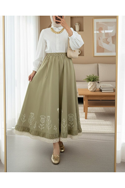 Modamorfo Dantel İşlemeli Beli Lastikli Etek -Çağla Y.