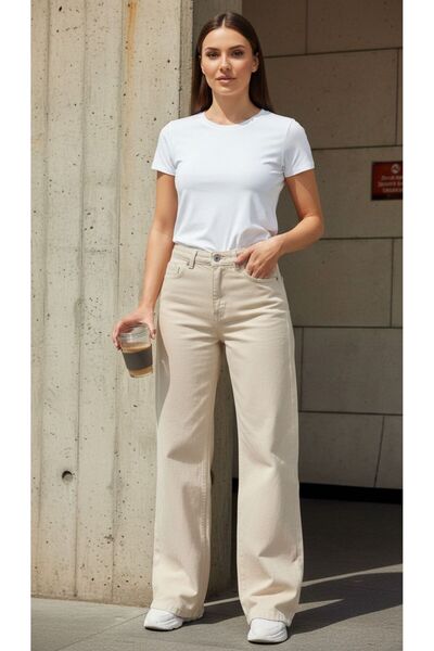 geenz manifacture Gabriela Bej material elastic Super talie înaltă Blugi casual elastici pantaloni palazzo