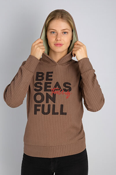 YusGos Be Season Printed Stretch Fabric Corded Fabric Hooded Sweatshirt (Coffee)